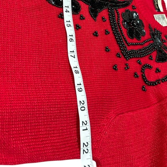 Vintage Dana Scott Red Knit Sweater Cardigan w/ Black Beads & Sequins Size Large - Picture 7 of 7